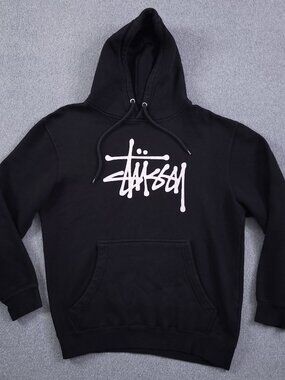 Stussy Lane Seven Hoodie‎ Mens Medium Black Pullover Kangaroo Pocket Logo
